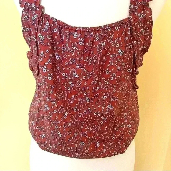 NWT Hem & Thread Rayon Maroon Floral Ruffle Cinch Waist Sleeveless Top Size M - Picture 8 of 14